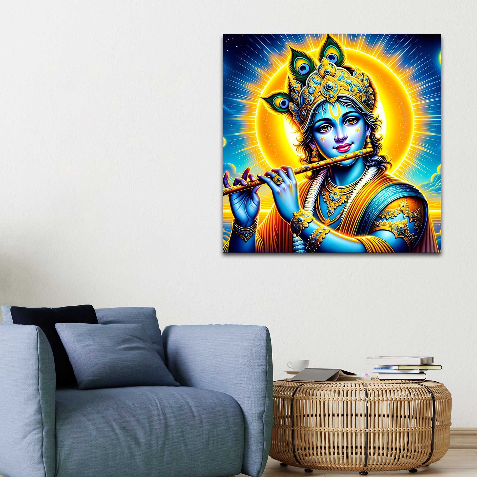 Lord Shri Krishna Playing Golden Flute Portrait Art – Modern Spiritual Canvas Wall Painting