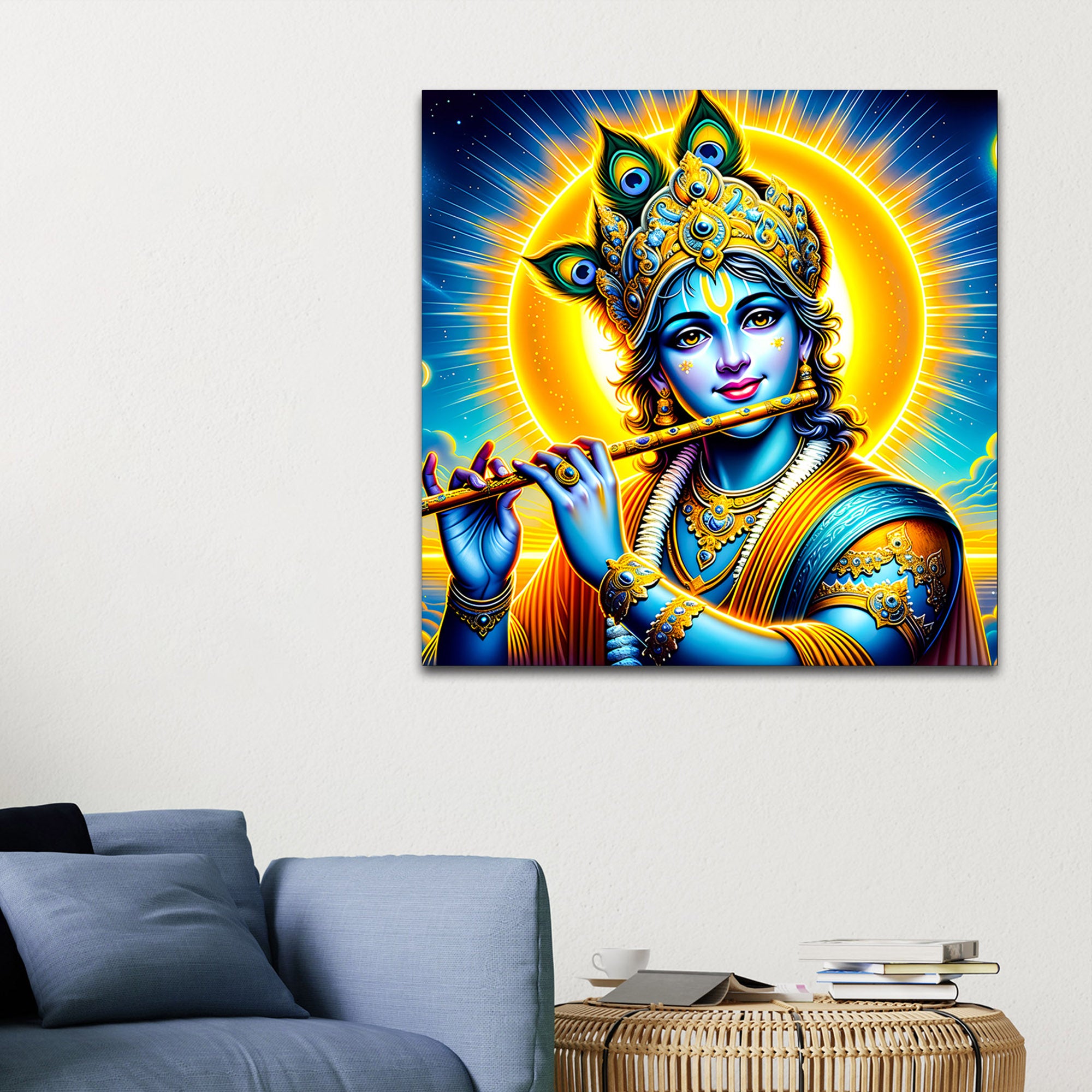 Lord Shri Krishna Playing Golden Flute Portrait Art – Modern Spiritual Canvas Wall Painting