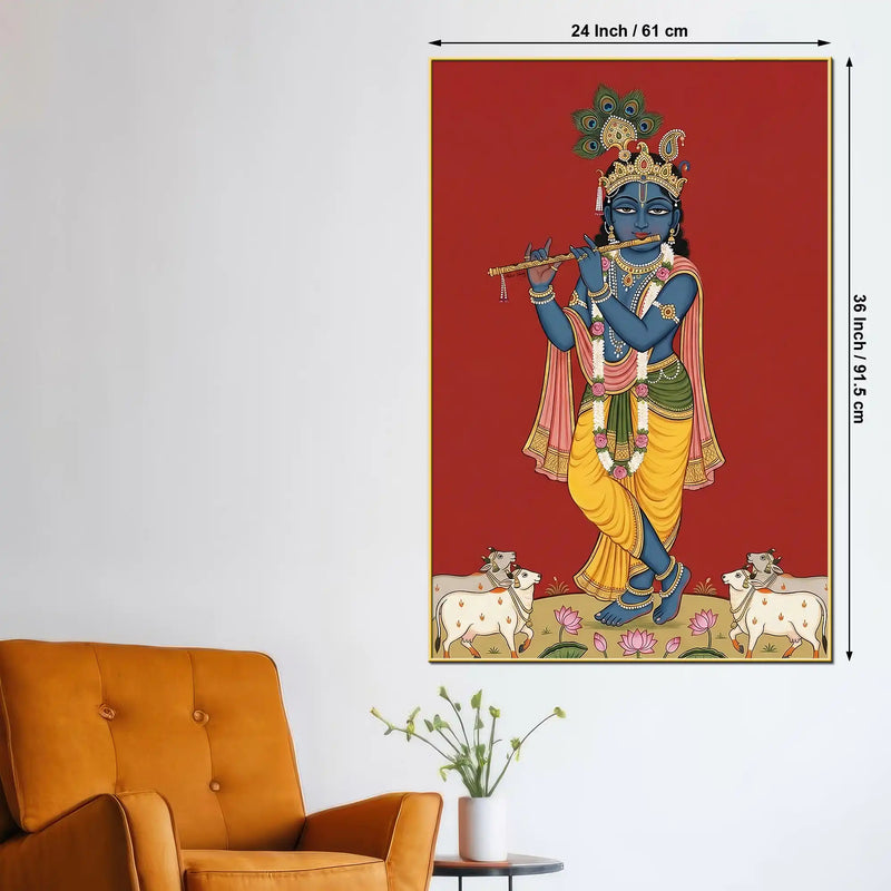 Lord Shri Krishna Playing Murli with Cows Pichwai Canvas Wall Painting