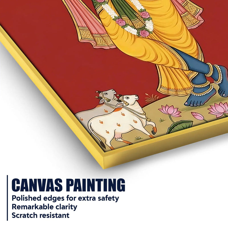 Lord Shri Krishna Playing Murli with Cows Pichwai Canvas Wall Painting