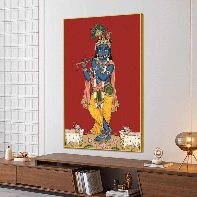 Lord Shri Krishna Playing Murli with Cows Pichwai Canvas Wall Painting