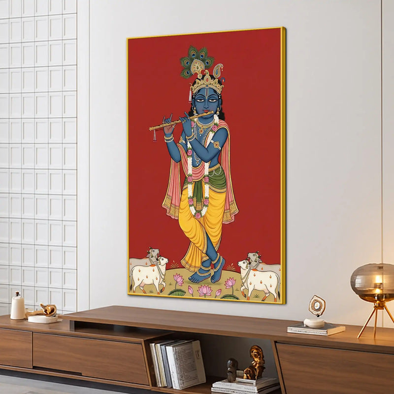 Lord Shri Krishna Playing Murli with Cows Pichwai Canvas Wall Painting