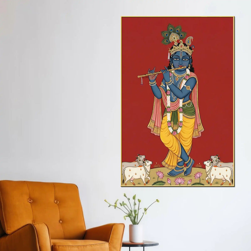 Lord Shri Krishna Playing Murli with Cows Pichwai Canvas Wall Painting