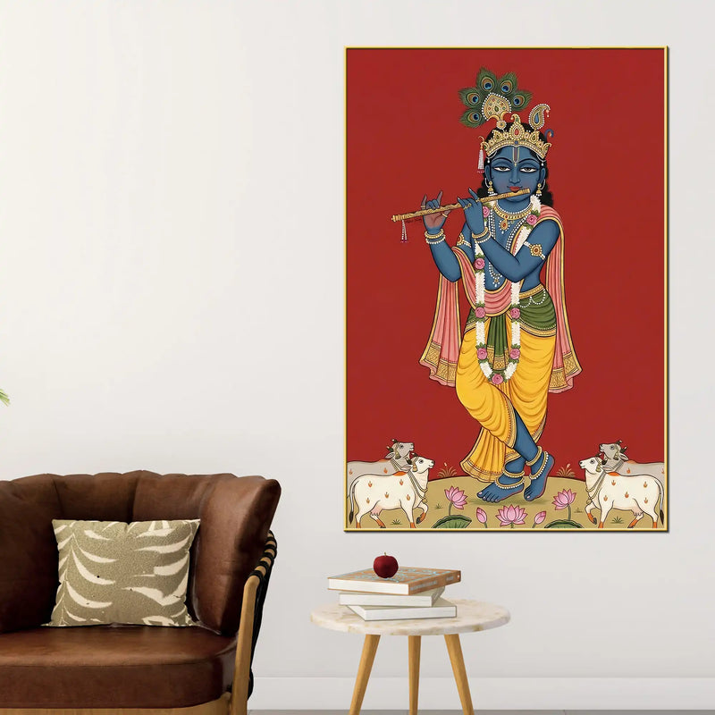 Lord Shri Krishna Playing Murli with Cows Pichwai Canvas Wall Painting