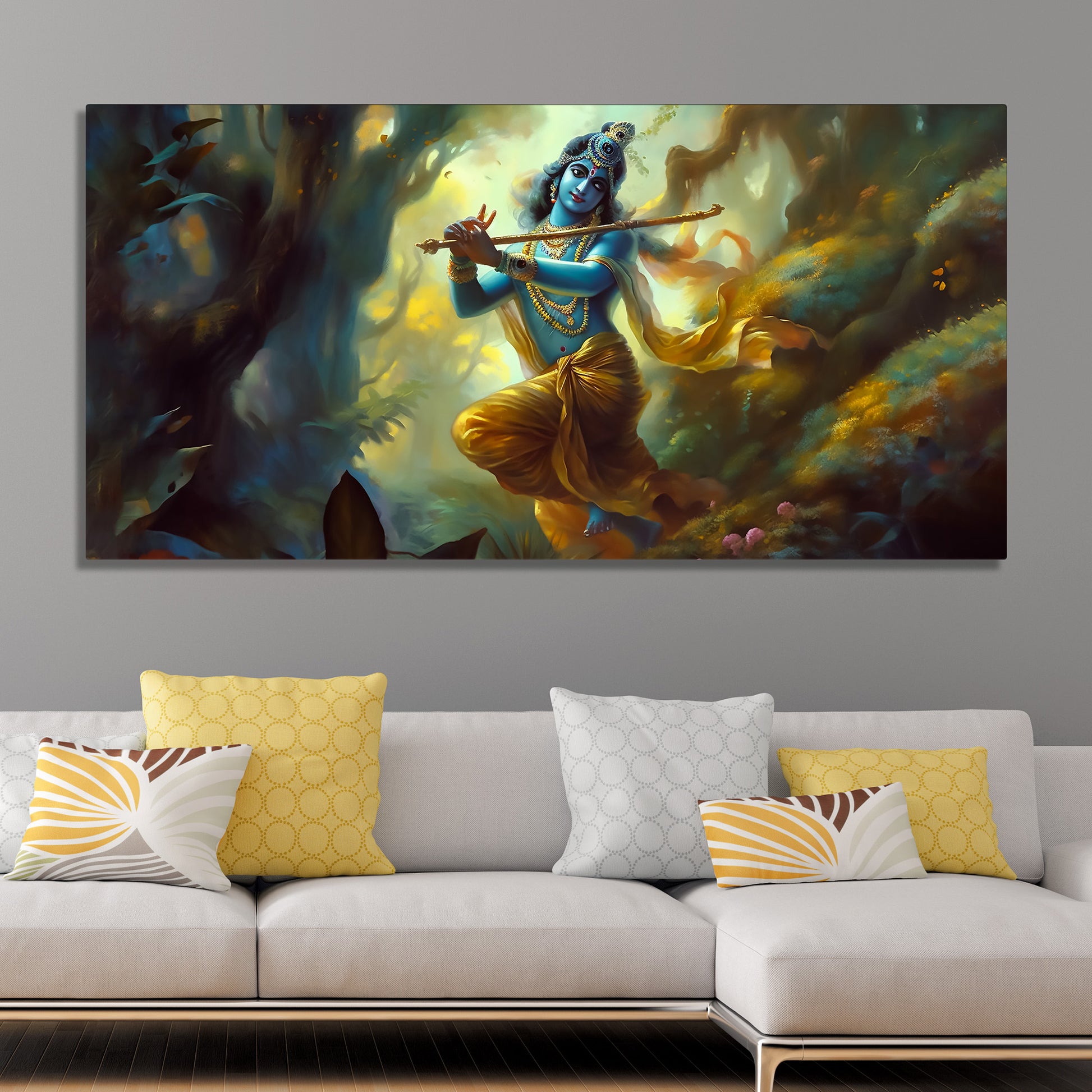 Lord Shri Krishna Playing with Flute Canvas Wall Painting