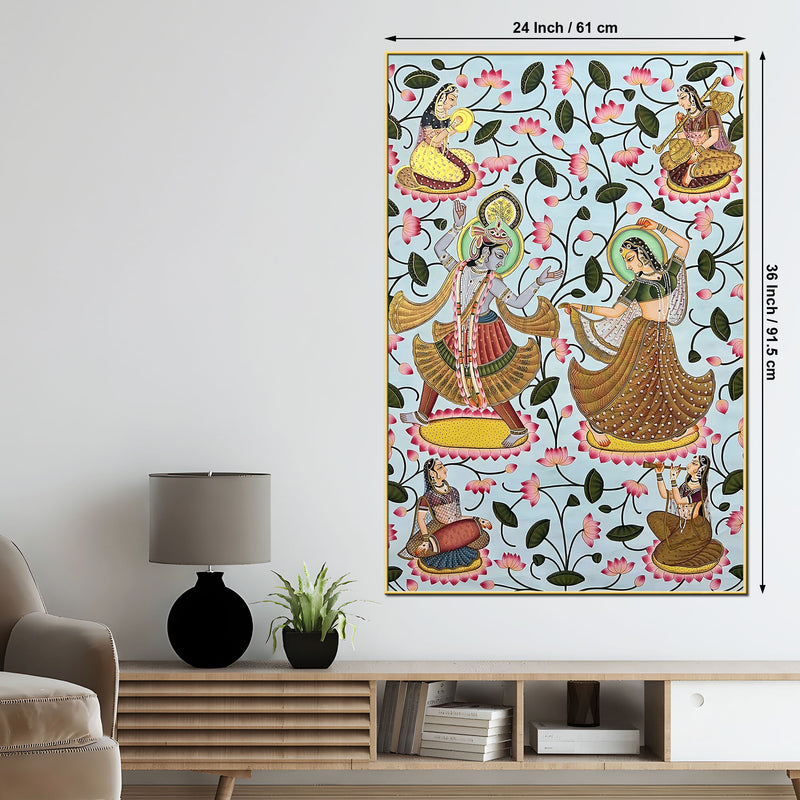 Lord Shri Krishna & Radha Dancing with Gopis Pichwai Canvas Wall Painting