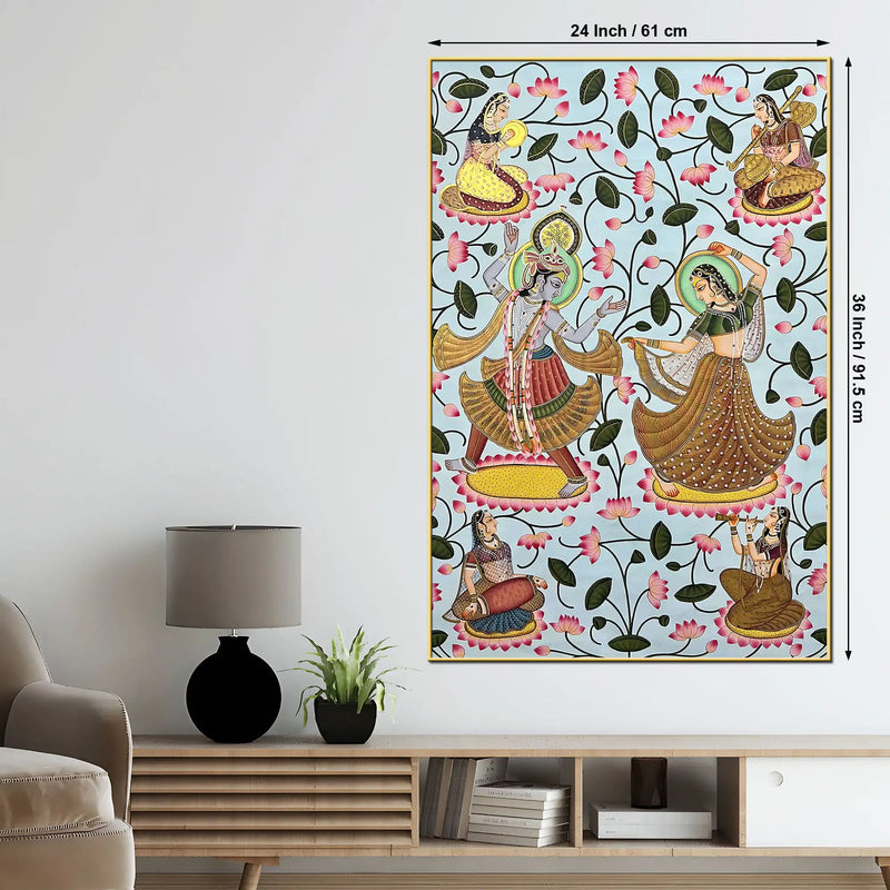Lord Shri Krishna & Radha Dancing with Gopis Pichwai Canvas Wall Painting