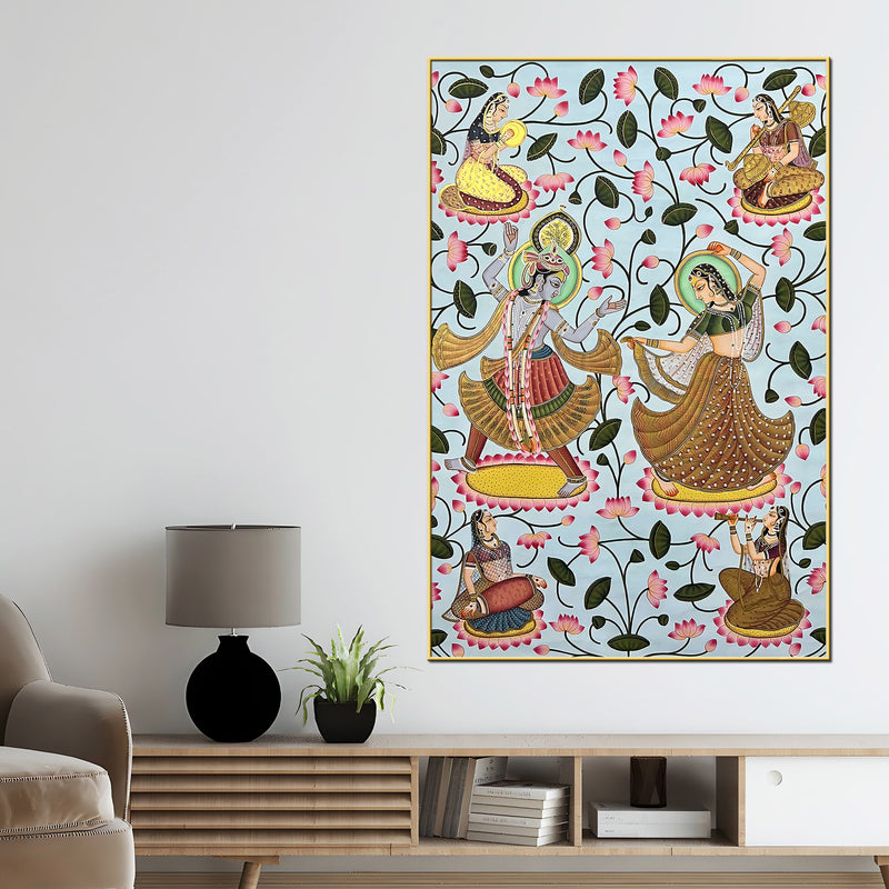 Lord Shri Krishna & Radha Dancing with Gopis Pichwai Canvas Wall Painting
