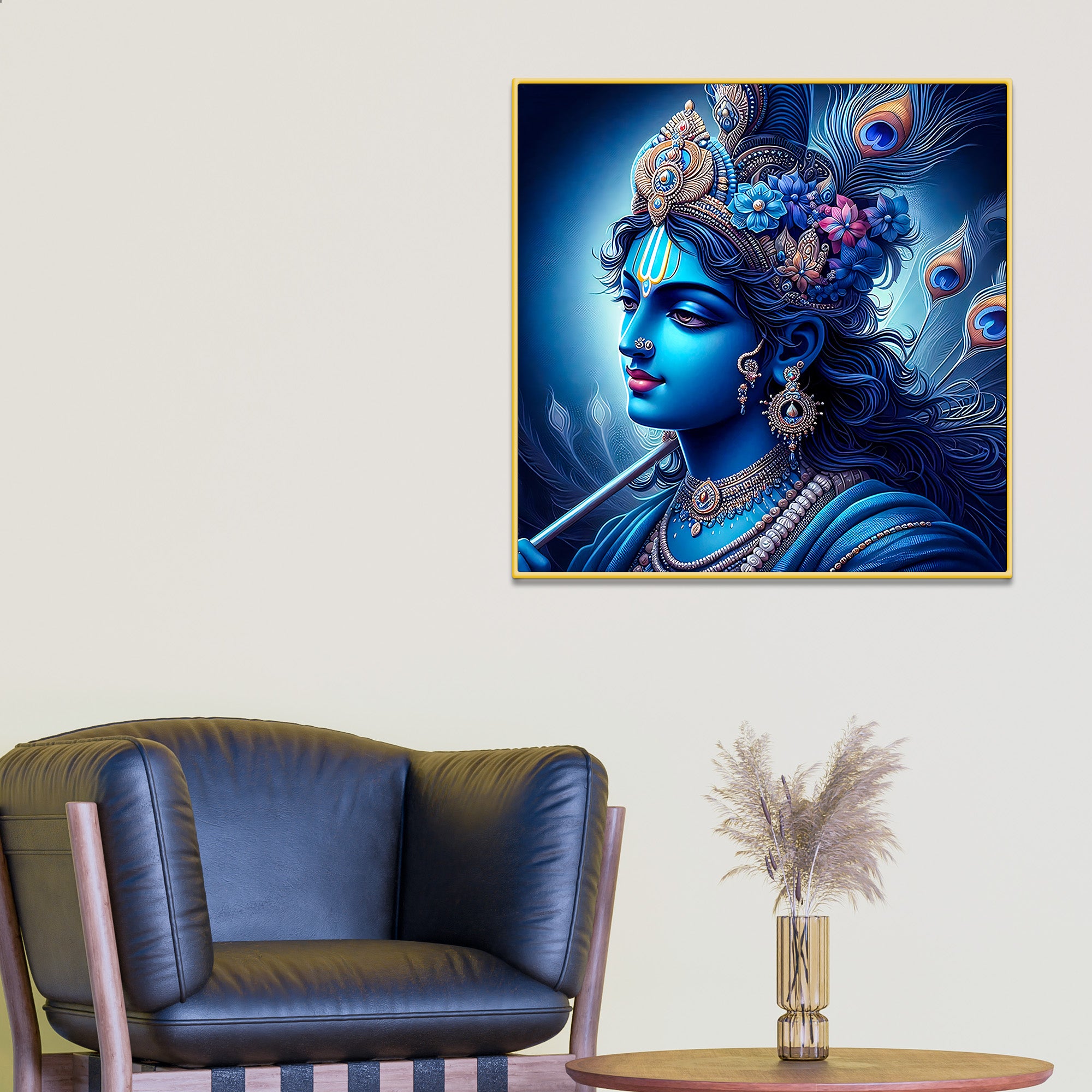 Lord Shri Krishna Royal Blue Portrait Art – Modern Devotional Canvas Wall Painting