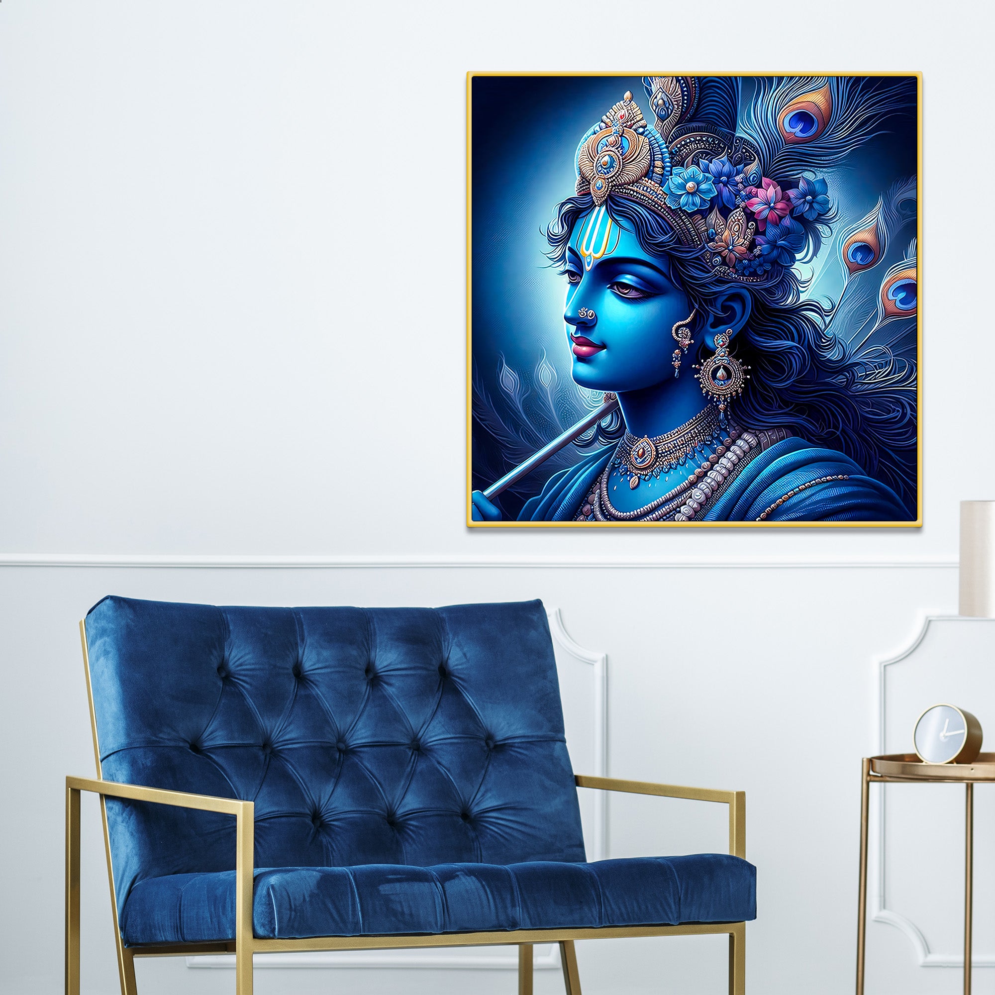 Lord Shri Krishna Royal Blue Portrait Art – Modern Devotional Canvas Wall Painting