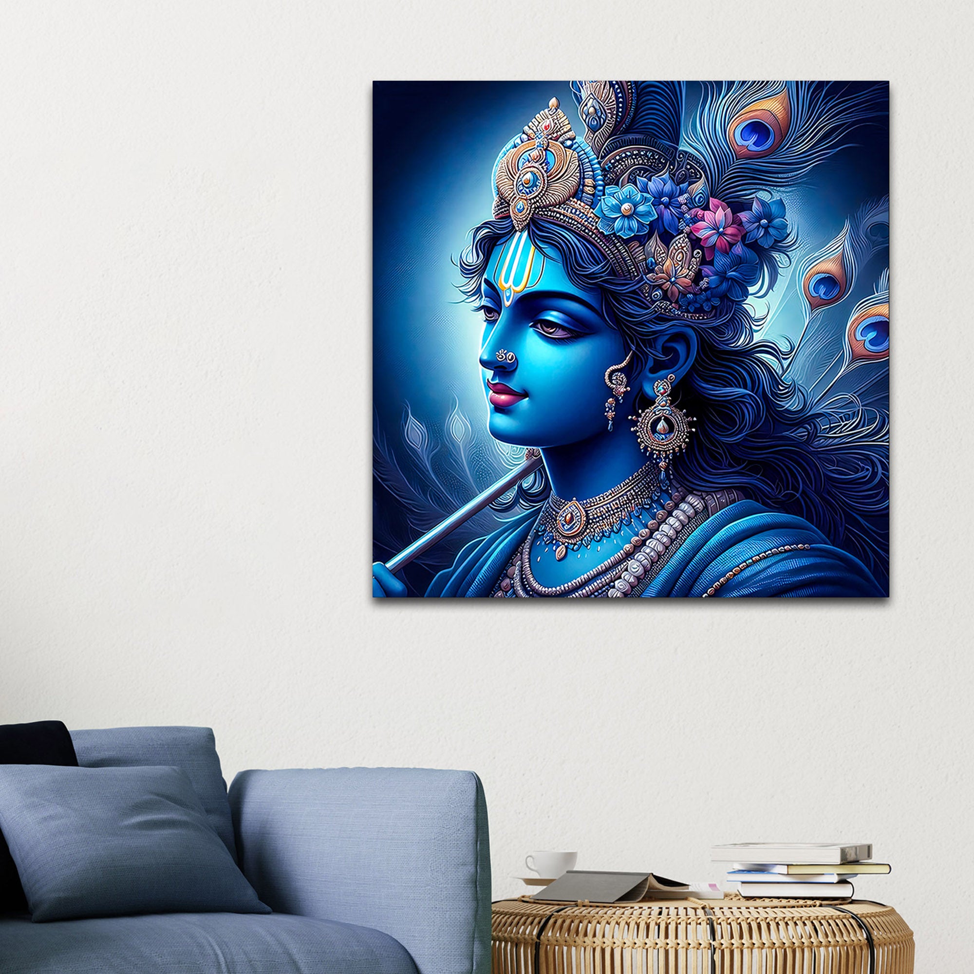 Lord Shri Krishna Royal Blue Portrait Art – Modern Devotional Canvas Wall Painting