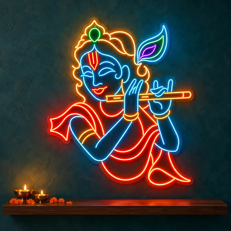 Lord Shri Krishna with Bansuri Neon Wall Light for Home & Mandir Decoration