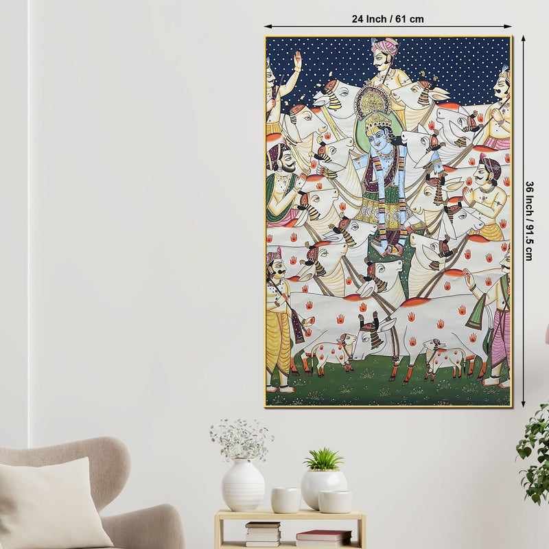 Lord Shri Krishna with Cows Traditional Indian Pichwai Canvas Wall Painting