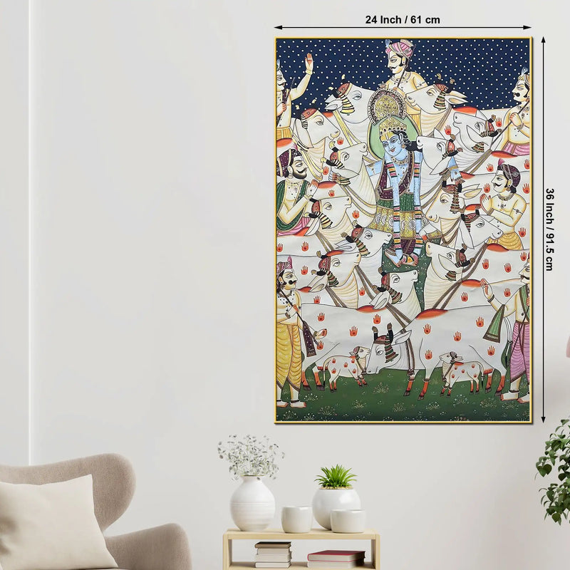 Lord Shri Krishna with Cows Traditional Indian Pichwai Canvas Wall Painting