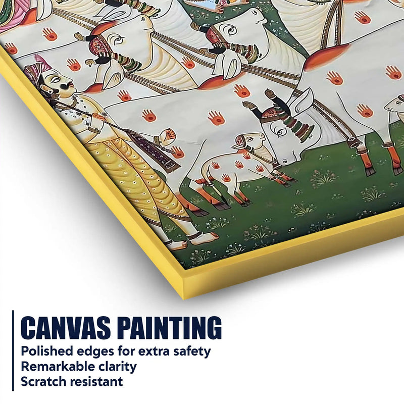 Lord Shri Krishna with Cows Traditional Indian Pichwai Canvas Wall Painting