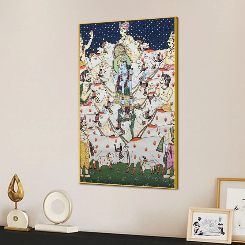 Lord Shri Krishna with Cows Traditional Indian Pichwai Canvas Wall Painting