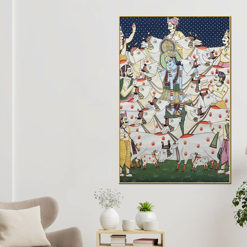 Lord Shri Krishna with Cows Traditional Indian Pichwai Canvas Wall Painting