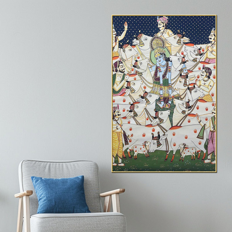 Lord Shri Krishna with Cows Traditional Indian Pichwai Canvas Wall Painting