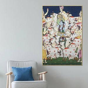 Lord Shri Krishna with Cows Traditional Indian Pichwai Canvas Wall Painting