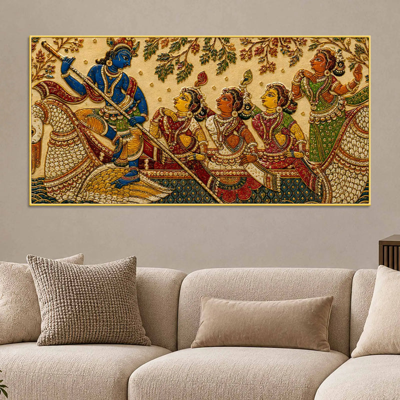 Lord Shri Krishna with Gopis Boat Scene Embroidery Tanjore Style 3D Canvas Wall Painting