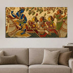 Lord Shri Krishna with Gopis Boat Scene Embroidery Tanjore Style 3D Canvas Wall Painting