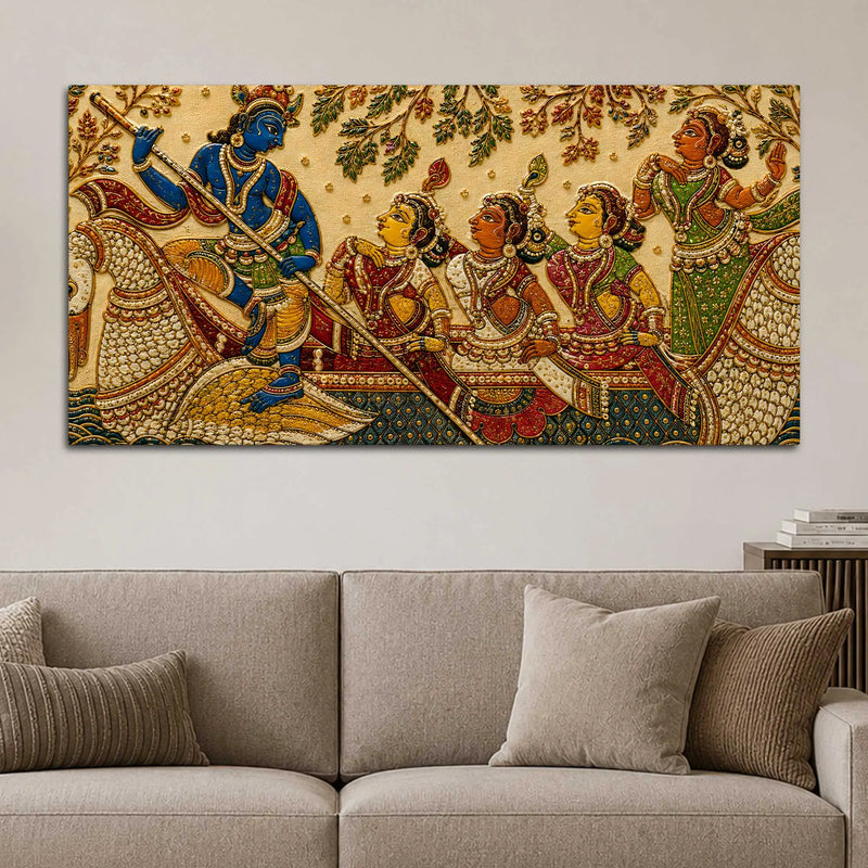 Lord Shri Krishna with Gopis Boat Scene Embroidery Tanjore Style 3D Canvas Wall Painting