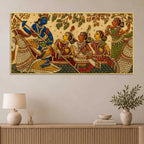 Lord Shri Krishna with Gopis Boat Scene Embroidery Tanjore Style 3D Canvas Wall Painting