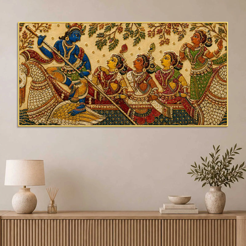 Lord Shri Krishna with Gopis Boat Scene Embroidery Tanjore Style 3D Canvas Wall Painting