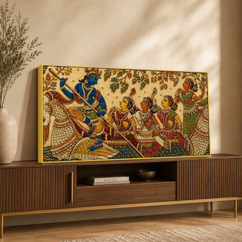 Lord Shri Krishna with Gopis Boat Scene Embroidery Tanjore Style 3D Canvas Wall Painting