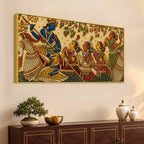 Lord Shri Krishna with Gopis Boat Scene Embroidery Tanjore Style 3D Canvas Wall Painting