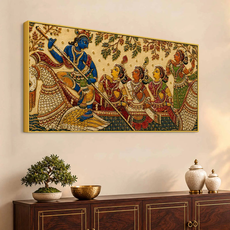 Lord Shri Krishna with Gopis Boat Scene Embroidery Tanjore Style 3D Canvas Wall Painting
