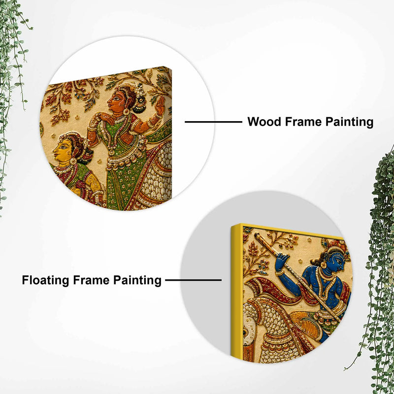 Lord Shri Krishna with Gopis Boat Scene Embroidery Tanjore Style 3D Canvas Wall Painting