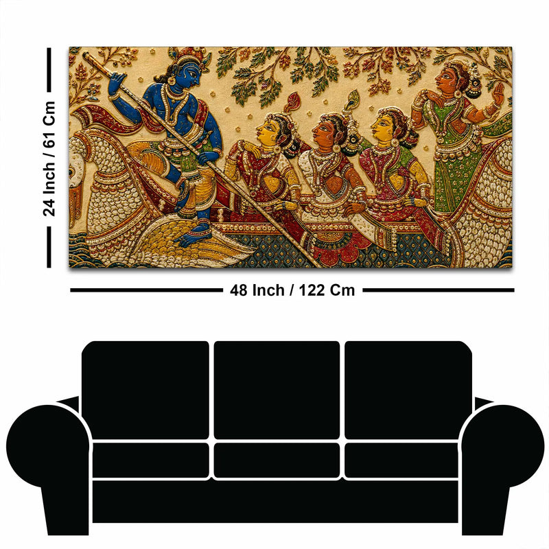 Lord Shri Krishna with Gopis Boat Scene Embroidery Tanjore Style 3D Canvas Wall Painting