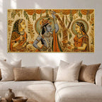 Lord Shri Krishna with Gopis Floral Embroidery Tanjore Style 3D Canvas Wall Painting