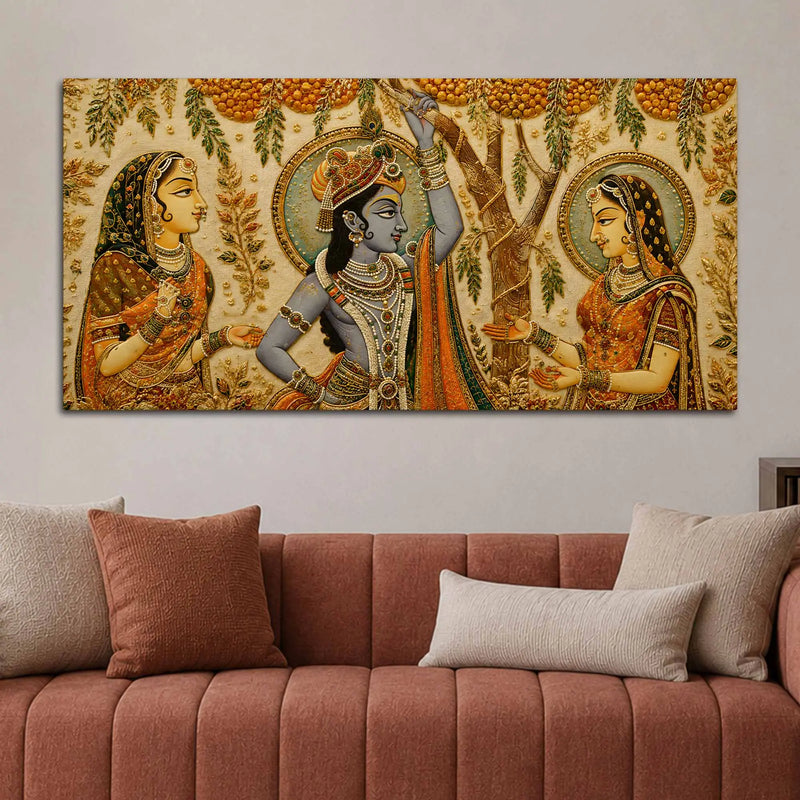 Lord Shri Krishna with Gopis Floral Embroidery Tanjore Style 3D Canvas Wall Painting