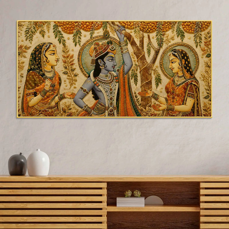 Lord Shri Krishna with Gopis Floral Embroidery Tanjore Style 3D Canvas Wall Painting