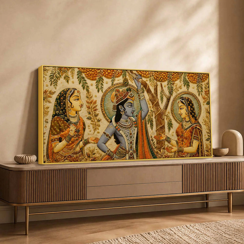 Lord Shri Krishna with Gopis Floral Embroidery Tanjore Style 3D Canvas Wall Painting