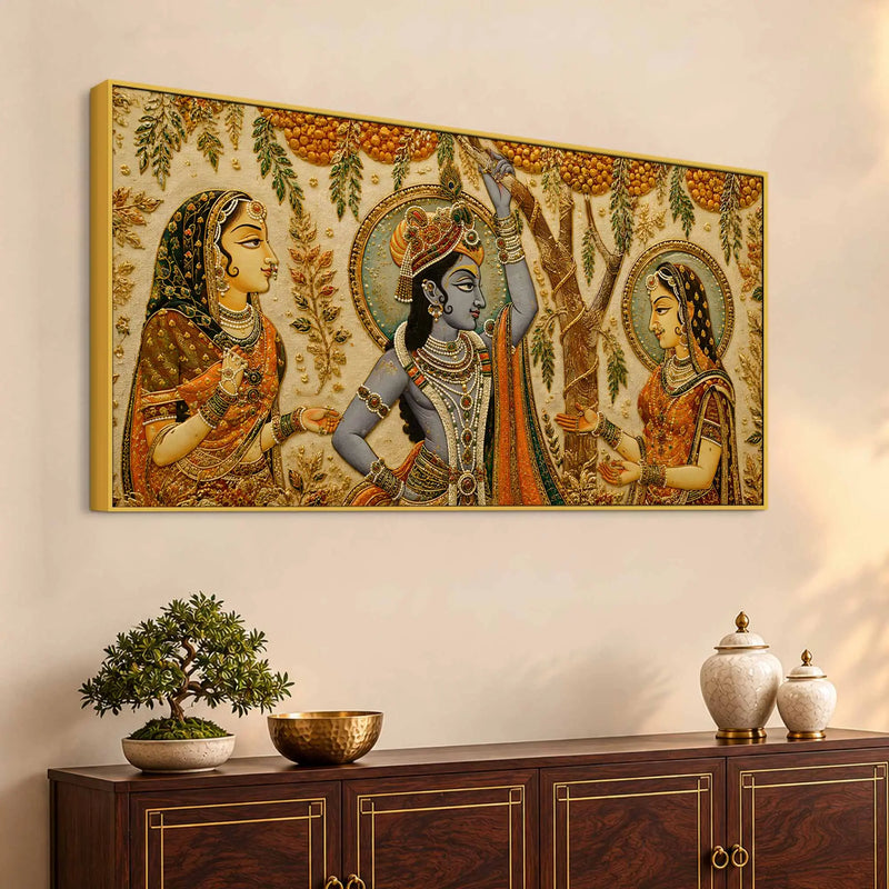 Lord Shri Krishna with Gopis Floral Embroidery Tanjore Style 3D Canvas Wall Painting
