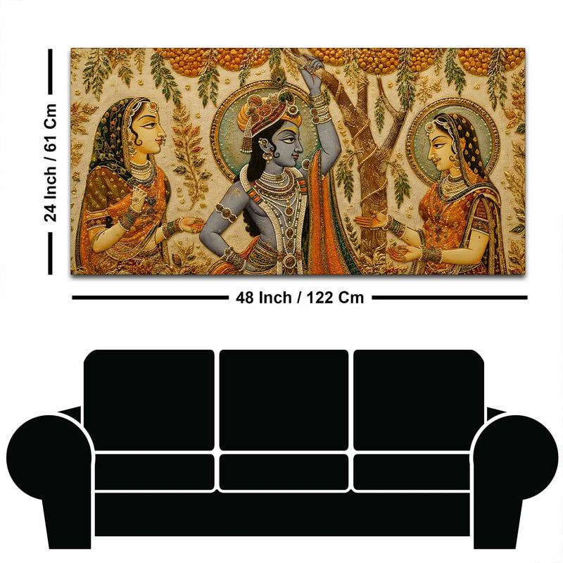 Lord Shri Krishna with Gopis Floral Embroidery Tanjore Style 3D Canvas Wall Painting