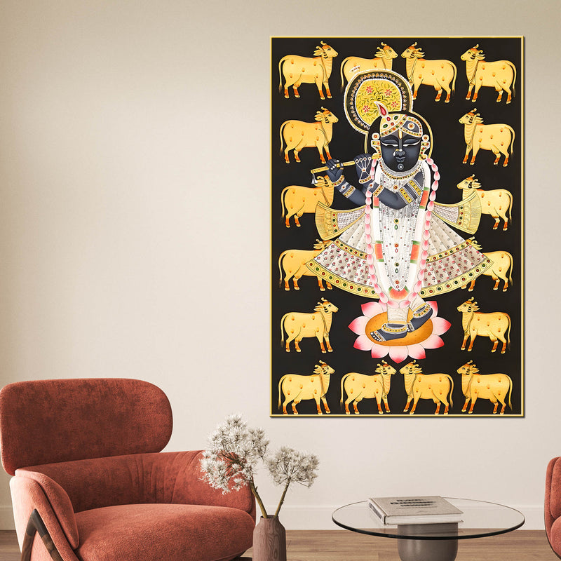 Lord Shri Krishna with Sacred Cows Devotional Folk Art Canvas Wall Painting