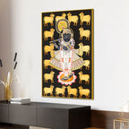 Lord Shri Krishna with Sacred Cows Devotional Folk Art Canvas Wall Painting