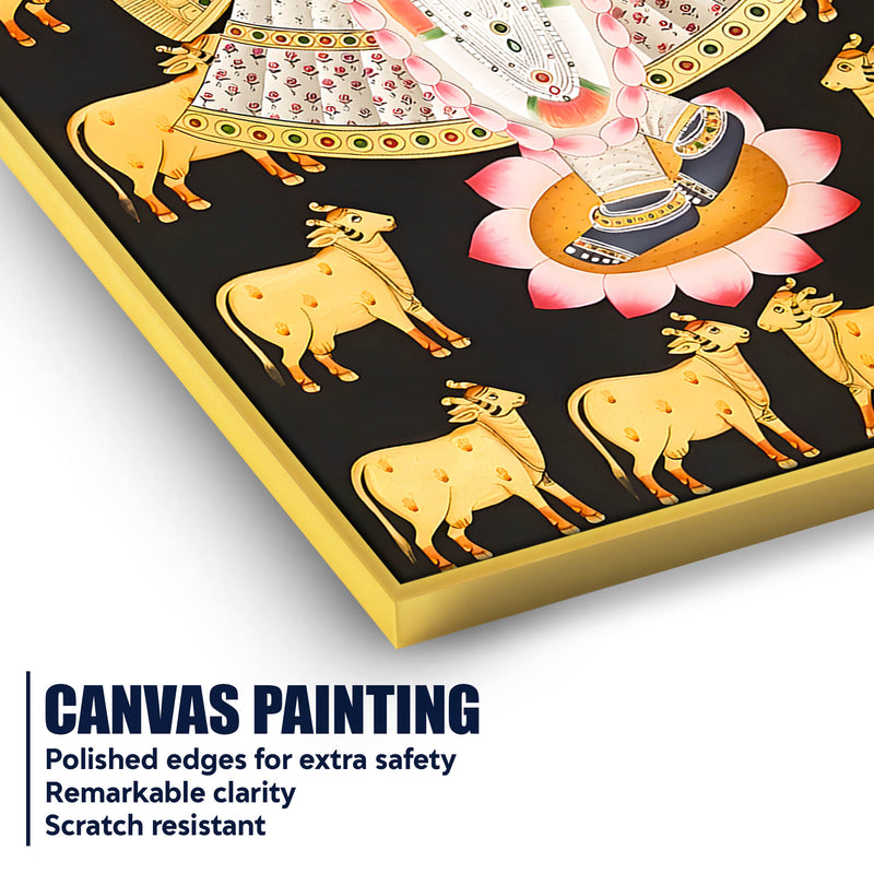 Lord Shri Krishna with Sacred Cows Devotional Folk Art Canvas Wall Painting
