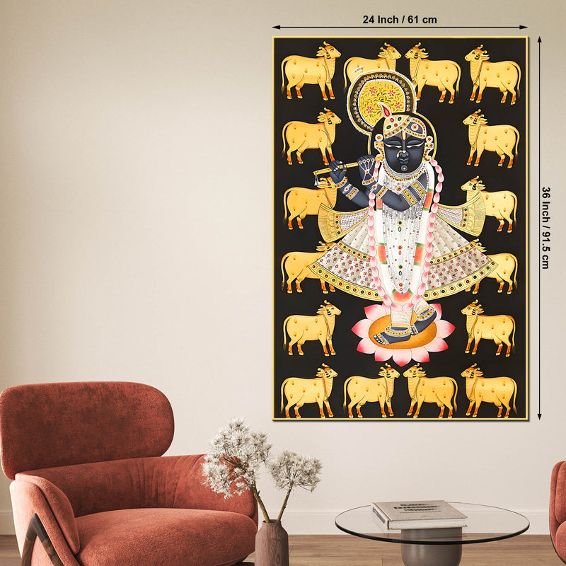 Lord Shri Krishna with Sacred Cows Devotional Folk Art Canvas Wall Painting