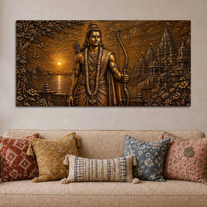 Lord Shri Ram and Sacred Temple Metallic Look 3D Canvas Wall Painting