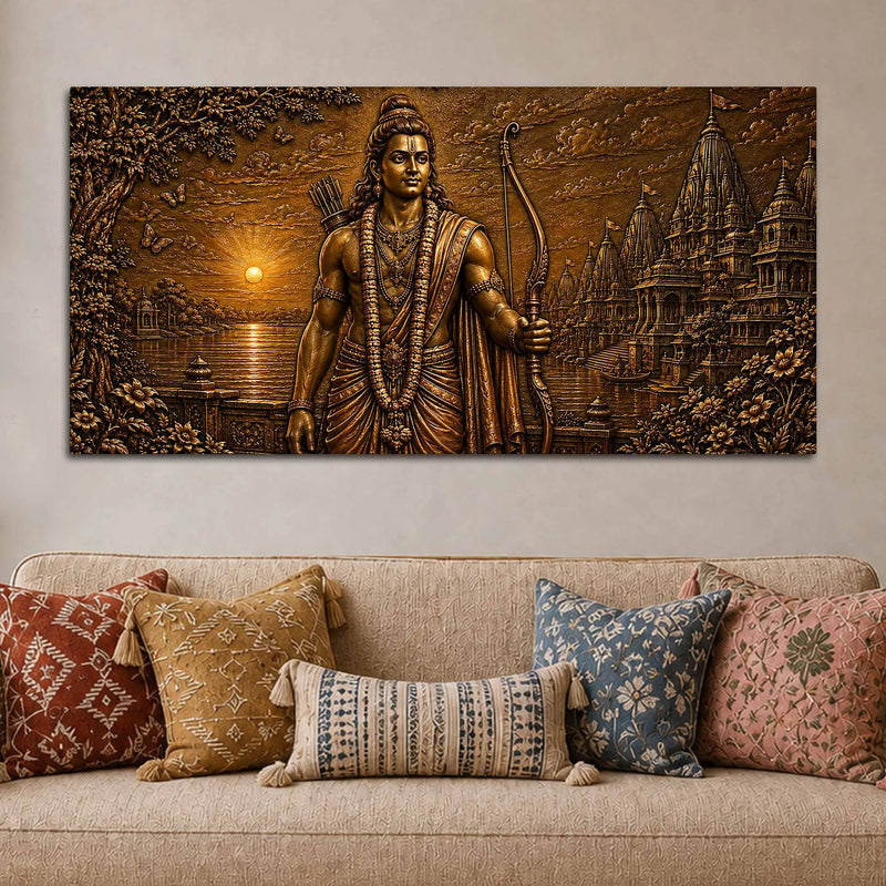 Lord Shri Ram and Sacred Temple Metallic Look 3D Canvas Wall Painting
