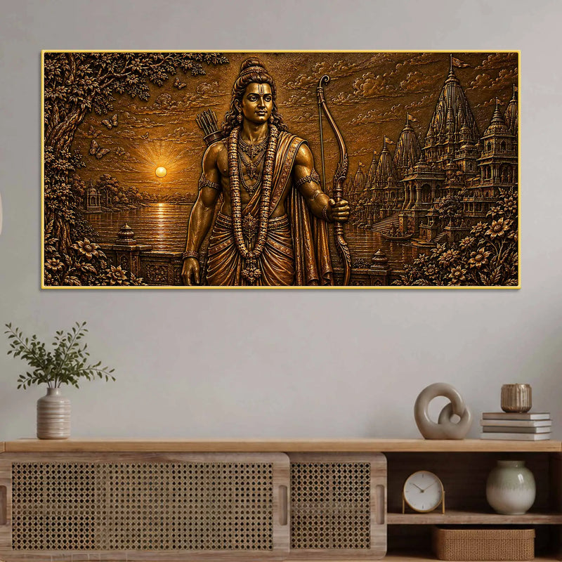 Lord Shri Ram and Sacred Temple Metallic Look 3D Canvas Wall Painting
