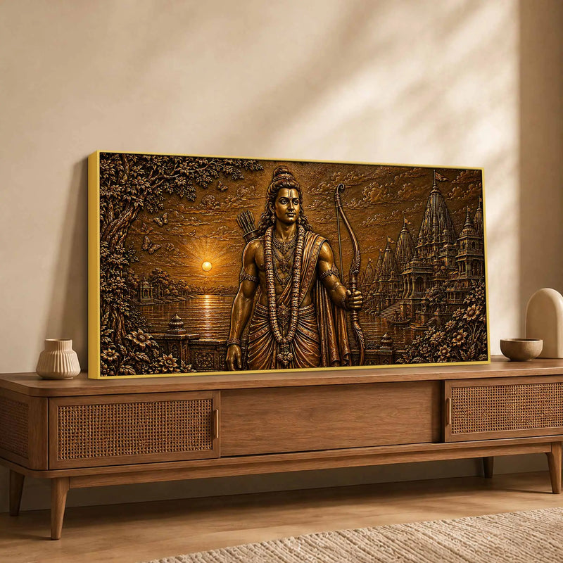 Lord Shri Ram and Sacred Temple Metallic Look 3D Canvas Wall Painting