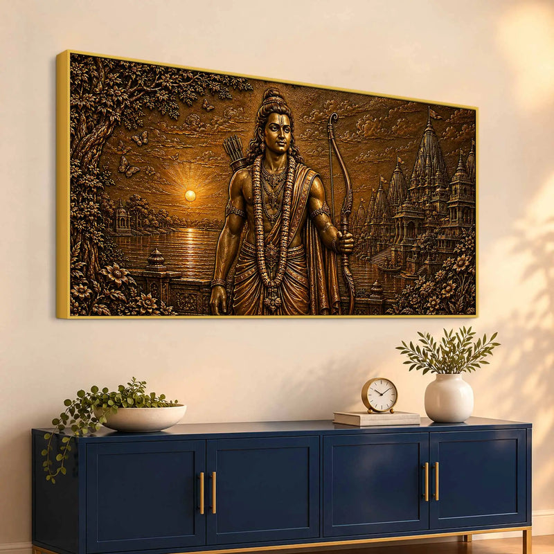 Lord Shri Ram and Sacred Temple Metallic Look 3D Canvas Wall Painting