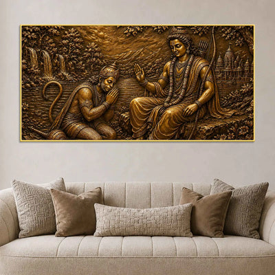 Lord Shri Ram Blessing Lord Hanuman Metallic Look 3D Canvas Wall Painting
