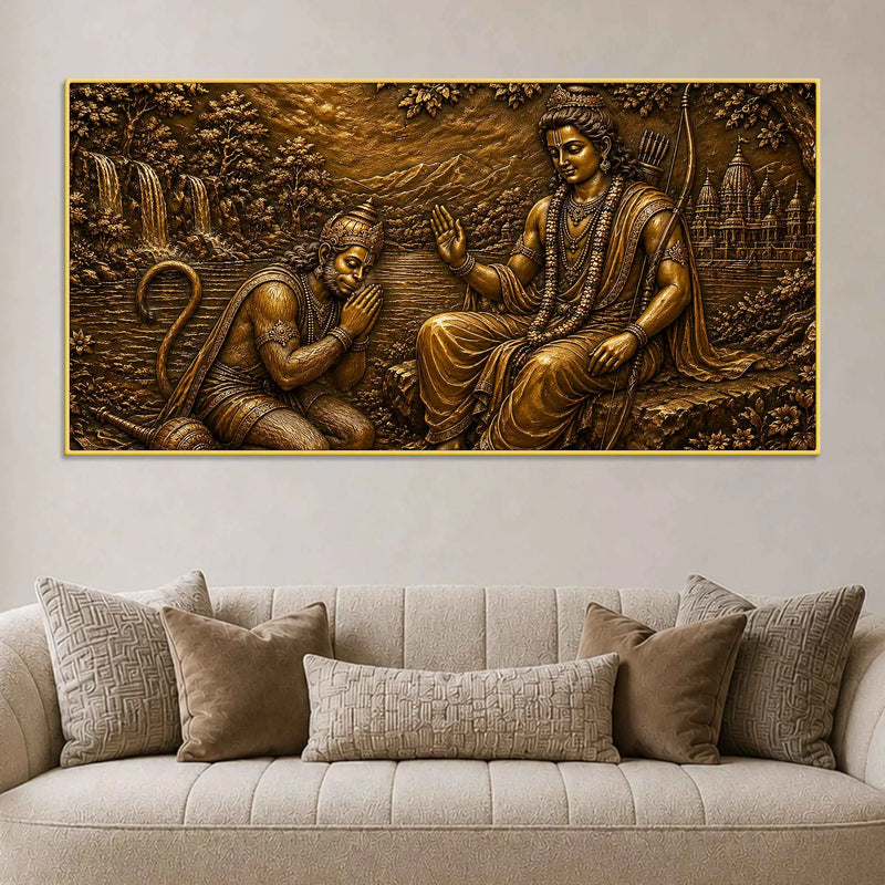 Lord Shri Ram Blessing Lord Hanuman Metallic Look 3D Canvas Wall Painting